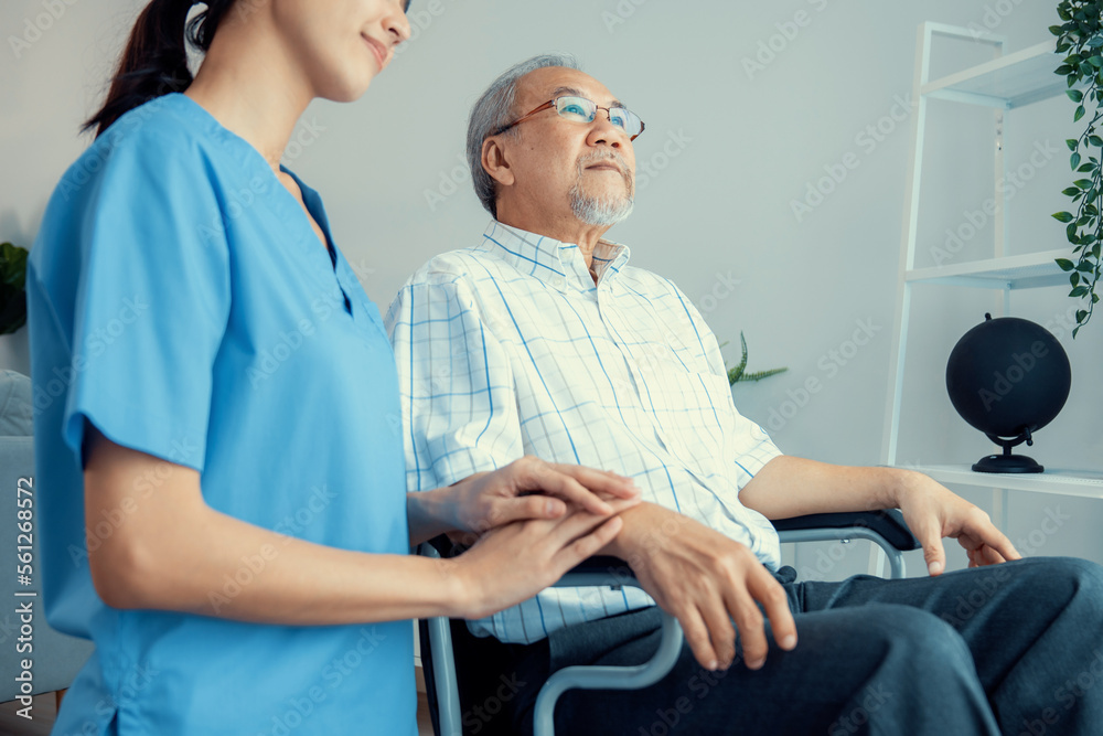 Caring nurse and a contented senior man in a wheel chair at home, nursing house. Medical for elderly