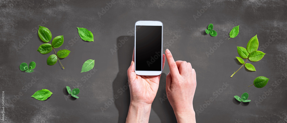 Person using a smartphone with green leaves - flat lay