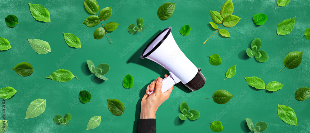 Person holding a megaphone with green leaves - flat lay