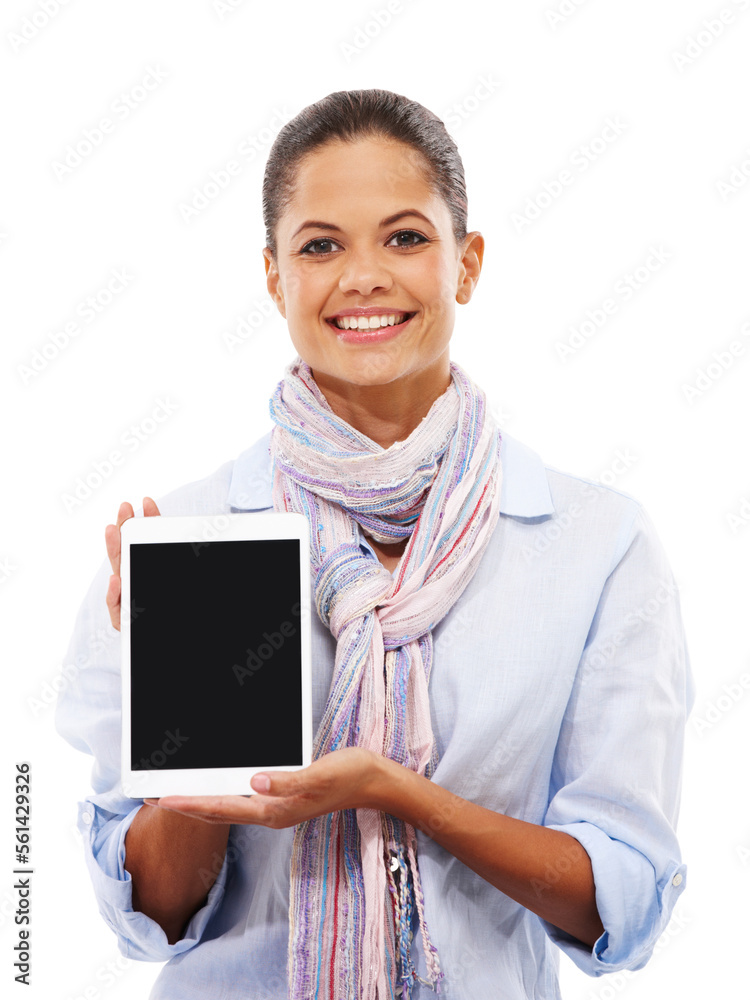 Woman, portrait or showing tablet mockup on isolated white background for social media or elearning 