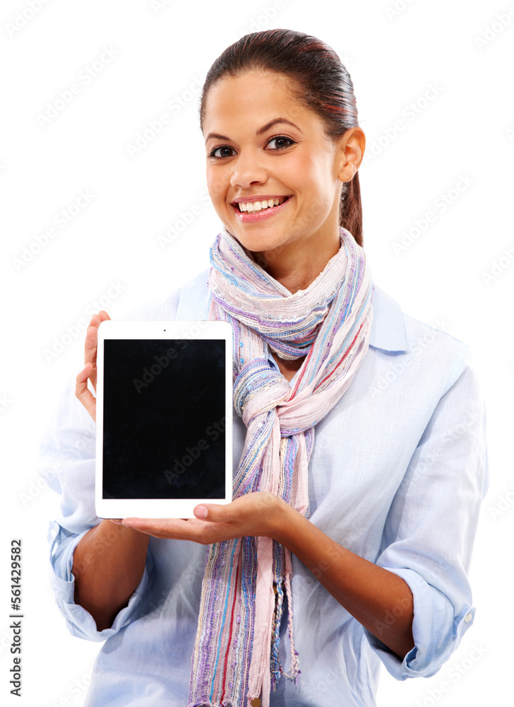 Happy woman, portrait or showing tablet mockup on isolated white background of social media or websi