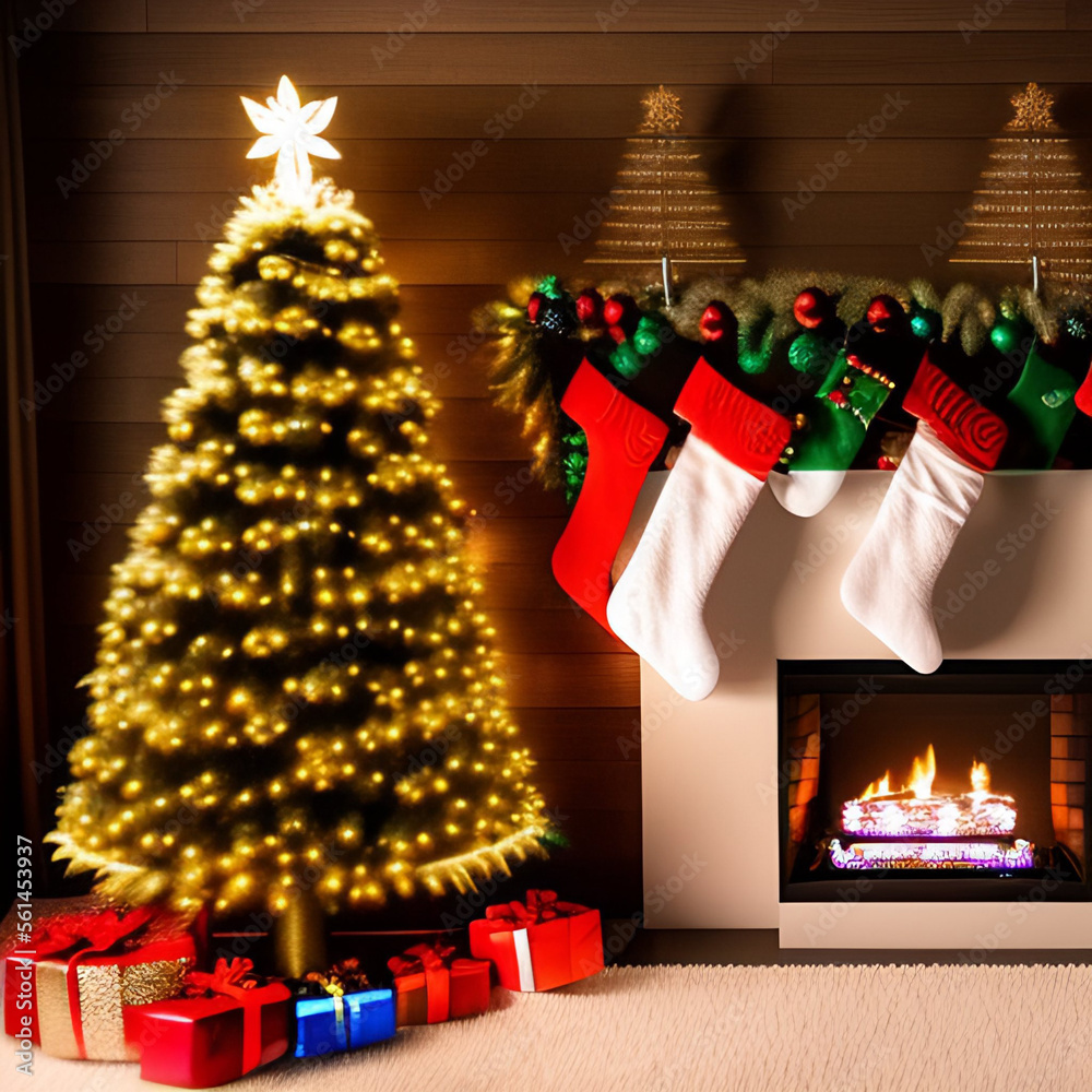 Christmas concept. Decorated Christmas Tree Near Fireplace at Home.