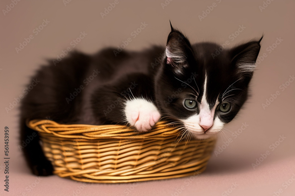 Cute and curious, playful kitten looks around. Close-up.