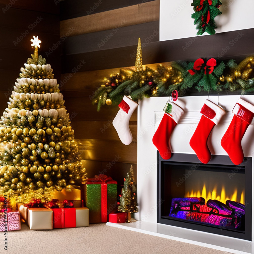 Christmas concept. Decorated Christmas Tree Near Fireplace at Home.