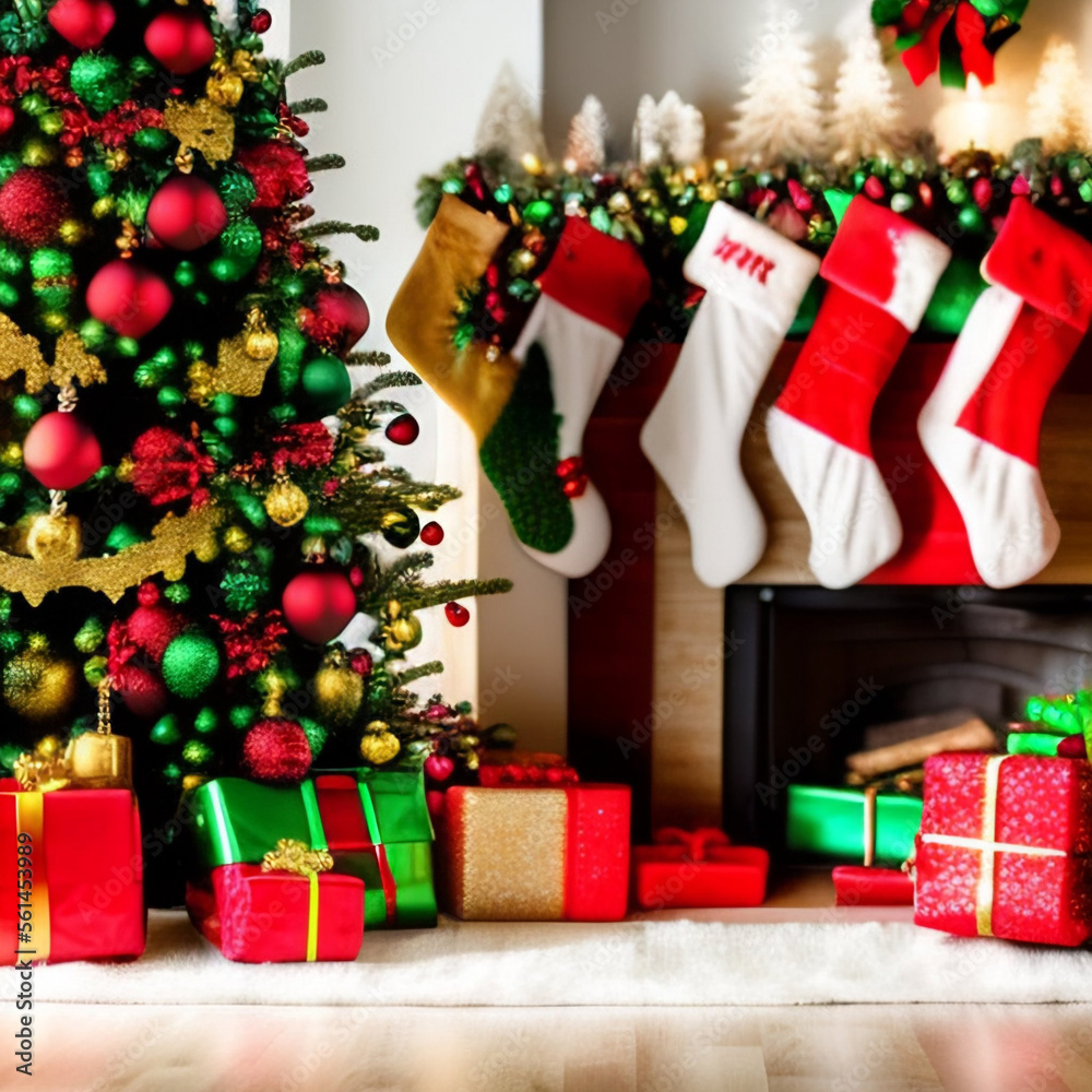 Christmas concept. Decorated Christmas Tree Near Fireplace at Home.