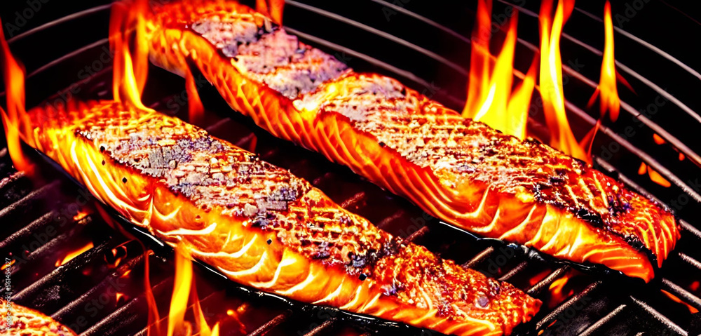 Grilled salmon. Healthy food: baked salmon. Hot fish dish.