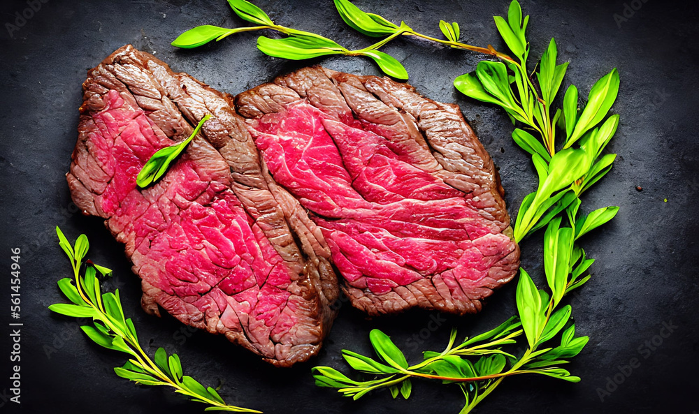 Steak. Gourmet fresh delicious juicy steak. Selected focus, in Poster format.