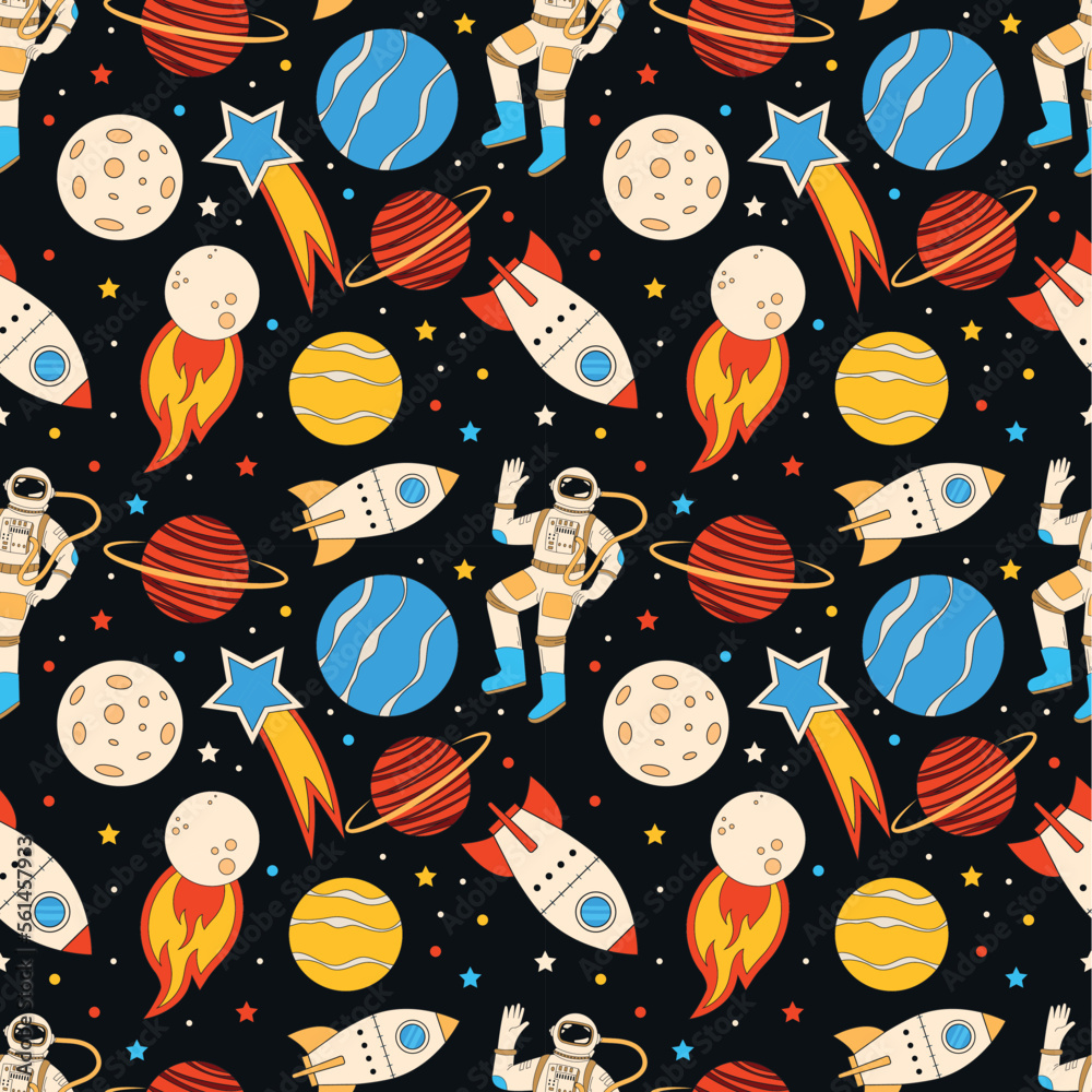 Space boy pattern, astronaut and planets, stars and rocket. Cute galaxy, cosmos spaceship, fun child