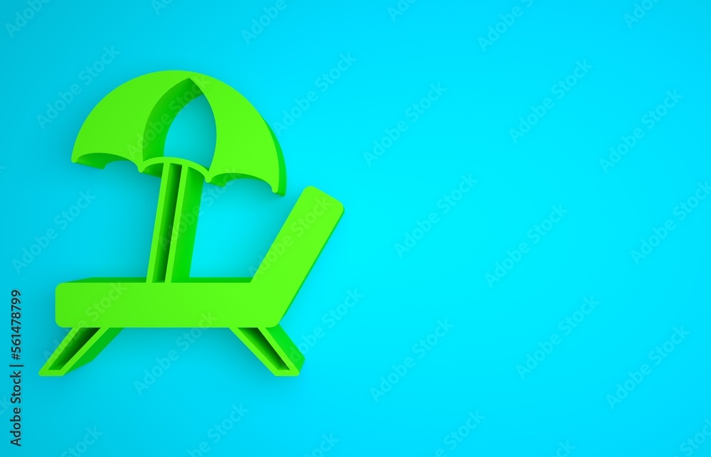 Green Sunbed icon isolated on blue background. Beach umbrella and Sun lounger. Minimalism concept. 3