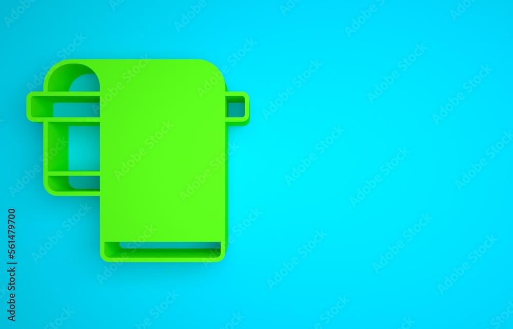 Green Towel on hanger icon isolated on blue background. Bathroom towel icon. Minimalism concept. 3D 