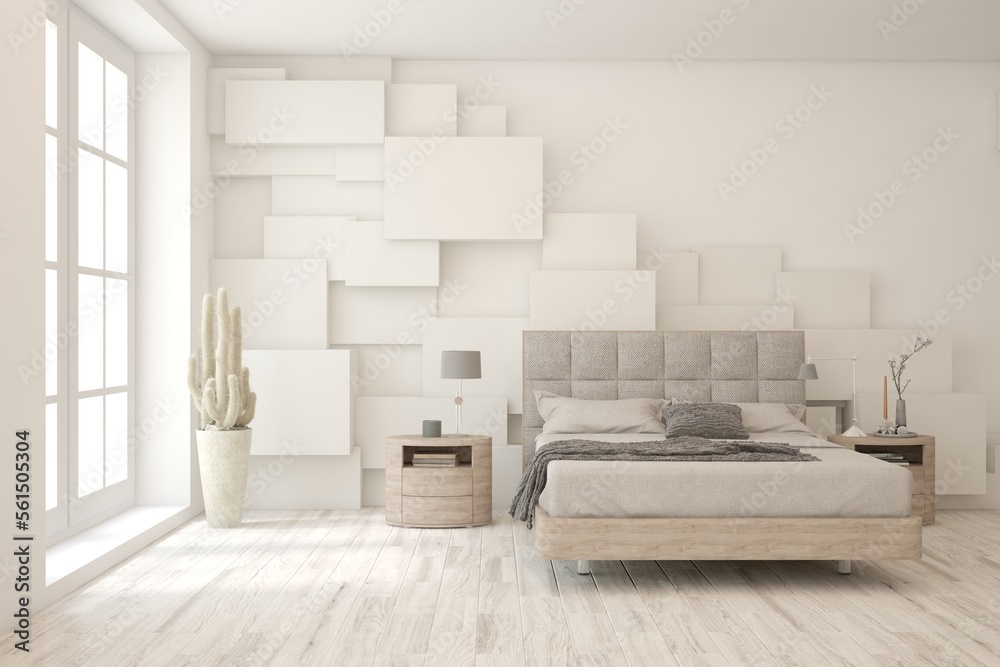 White bedroom interior. Scandinavian design. 3D illustration