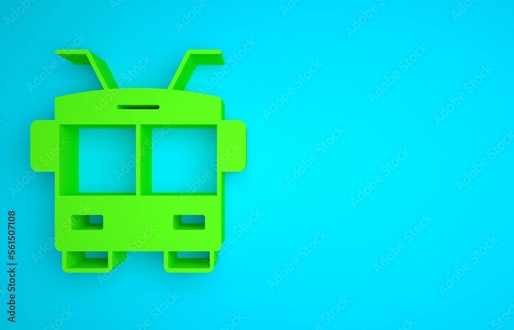 Green Trolleybus icon isolated on blue background. Public transportation symbol. Minimalism concept.