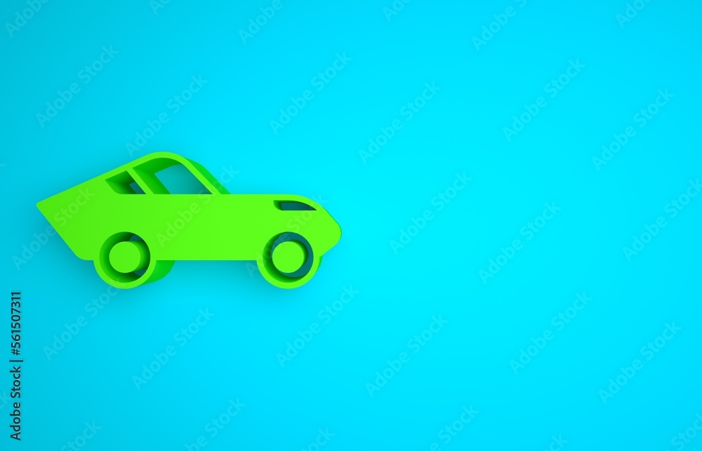 Green Car icon isolated on blue background. Minimalism concept. 3D render illustration