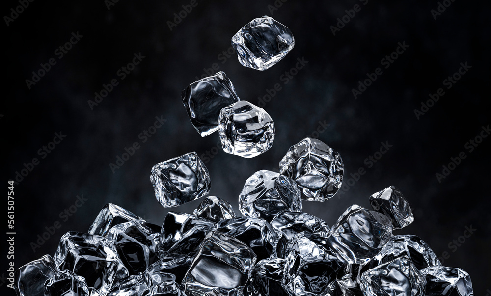 Falling ice cubes on black background