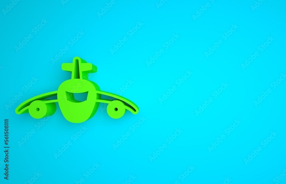 Green Plane icon isolated on blue background. Flying airplane icon. Airliner sign. Minimalism concep