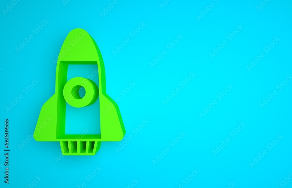 Green Rocket ship icon isolated on blue background. Space travel. Minimalism concept. 3D render illu