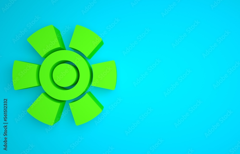 Green Sun icon isolated on blue background. Minimalism concept. 3D render illustration