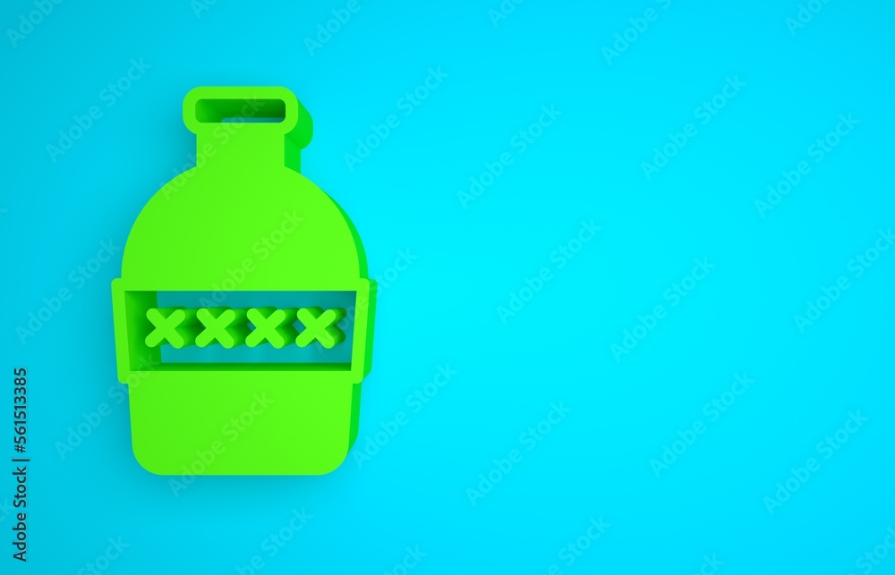 Green Bottle of water icon isolated on blue background. Soda aqua drink sign. Minimalism concept. 3D