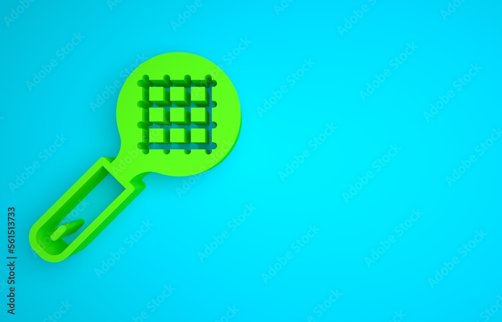 Green Tea strainer with handle icon isolated on blue background. Metal sieve. Minimalism concept. 3D