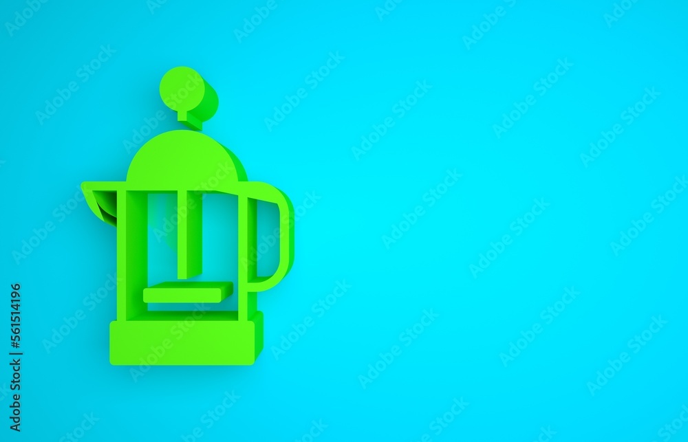 Green French press icon isolated on blue background. Minimalism concept. 3D render illustration