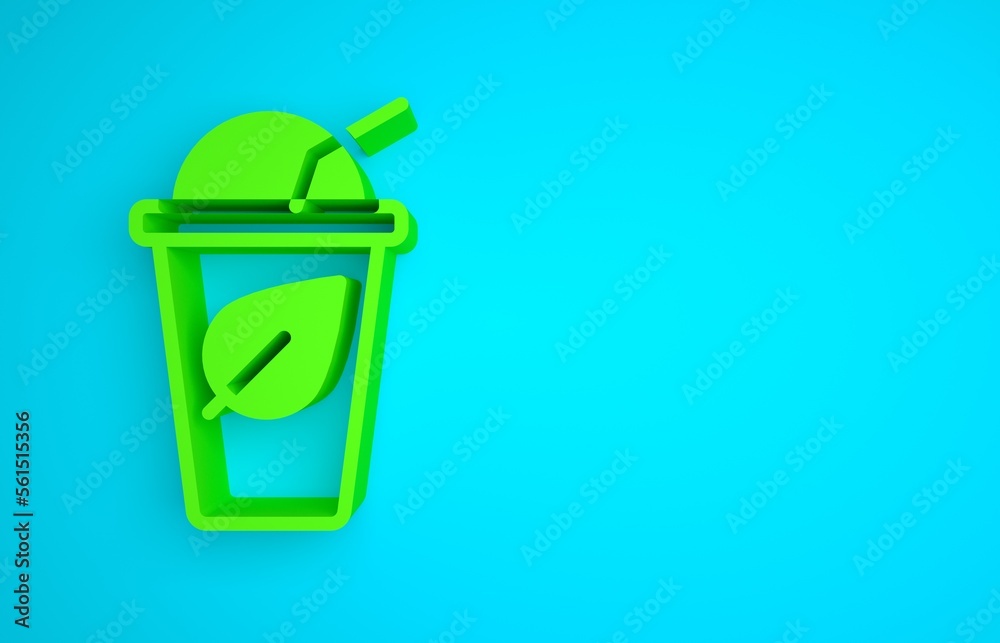 Green Cup of tea with leaf icon isolated on blue background. Sweet natural food. Minimalism concept.