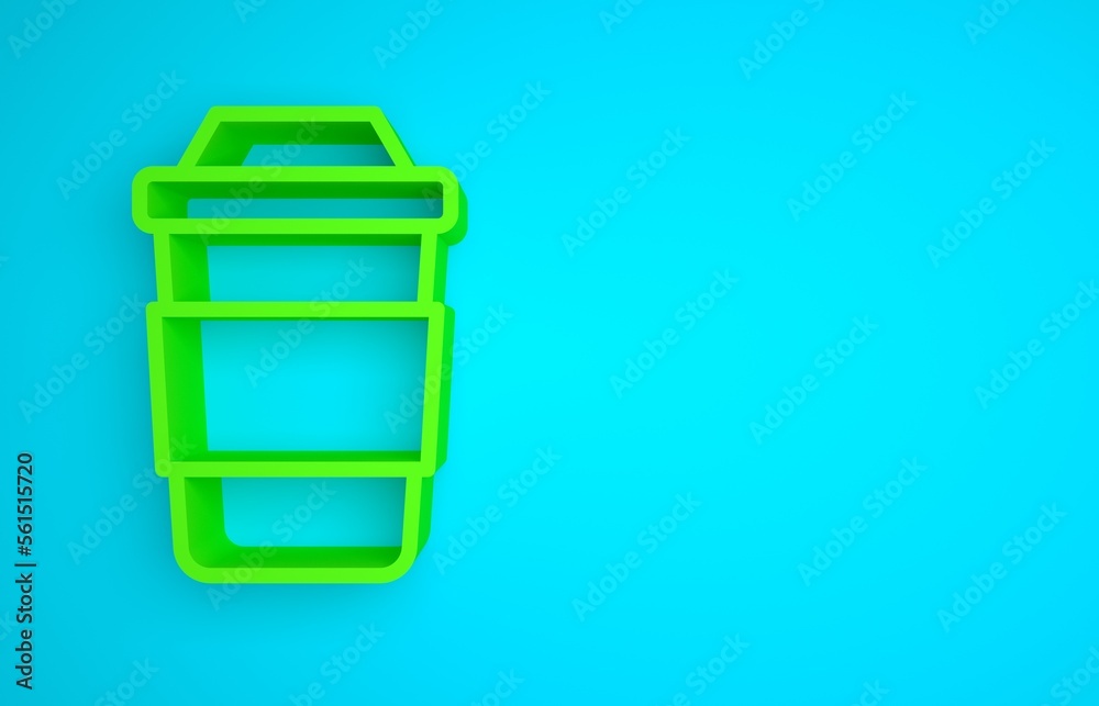 Green Cup of tea icon isolated on blue background. Minimalism concept. 3D render illustration