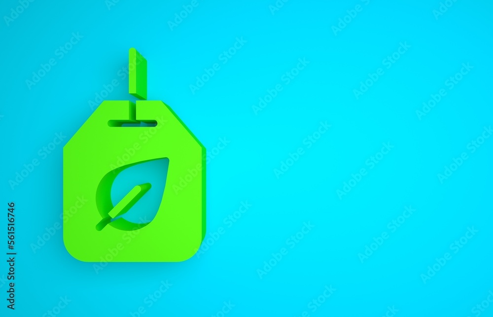 Green Tea bag with leaf icon isolated on blue background. Minimalism concept. 3D render illustration