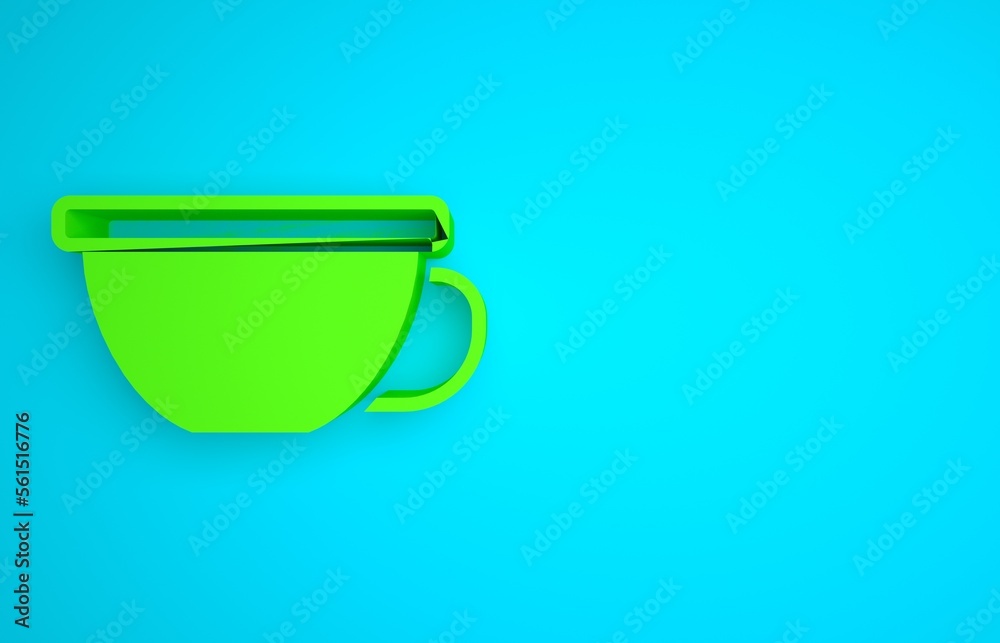 Green Cup of tea icon isolated on blue background. Minimalism concept. 3D render illustration