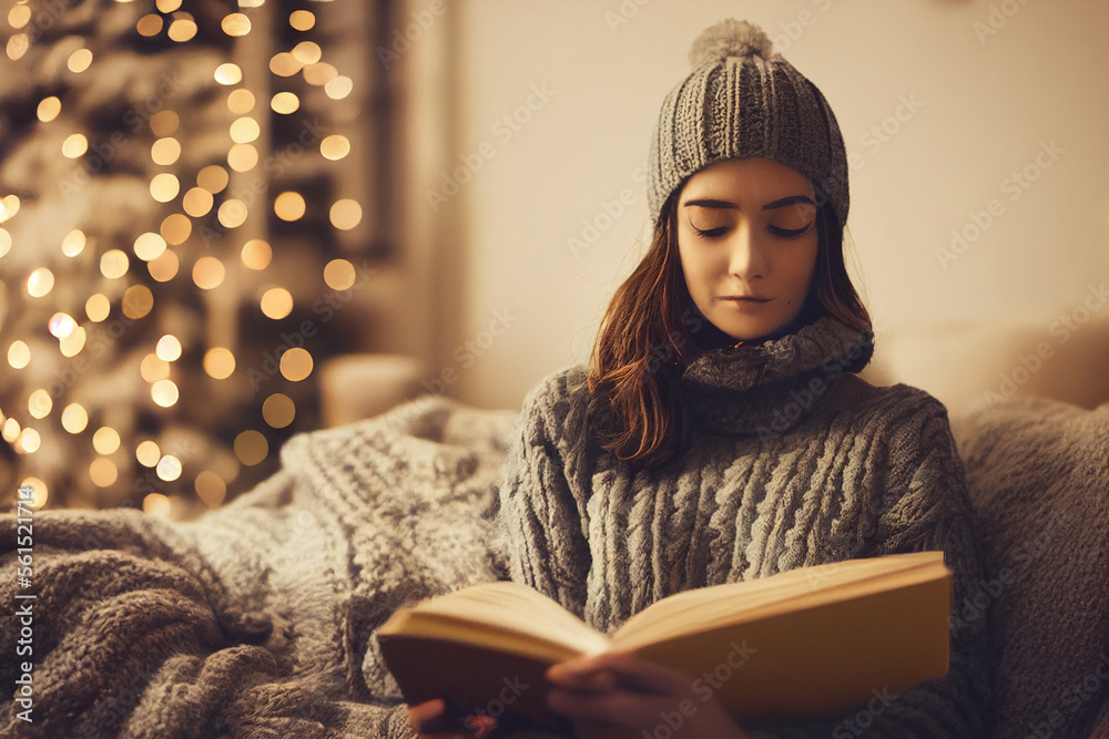 Woman reading book at home on a cozy couch spectacular focus and relaxation. . Generative AI