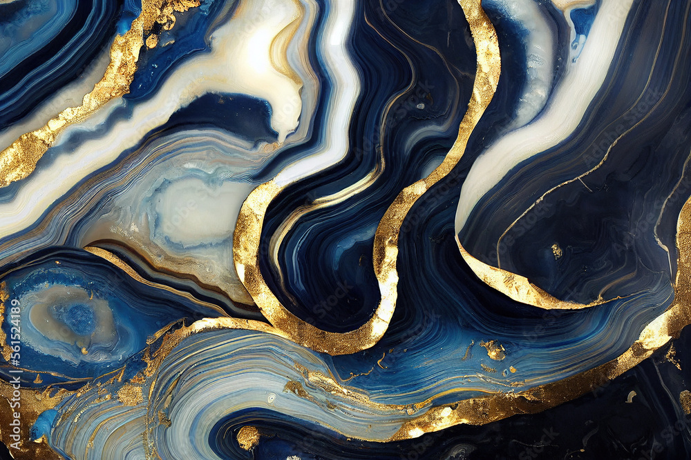 Abstract art background with a fluid marble blue and gold texture. Splendid luxury abstract artwork 