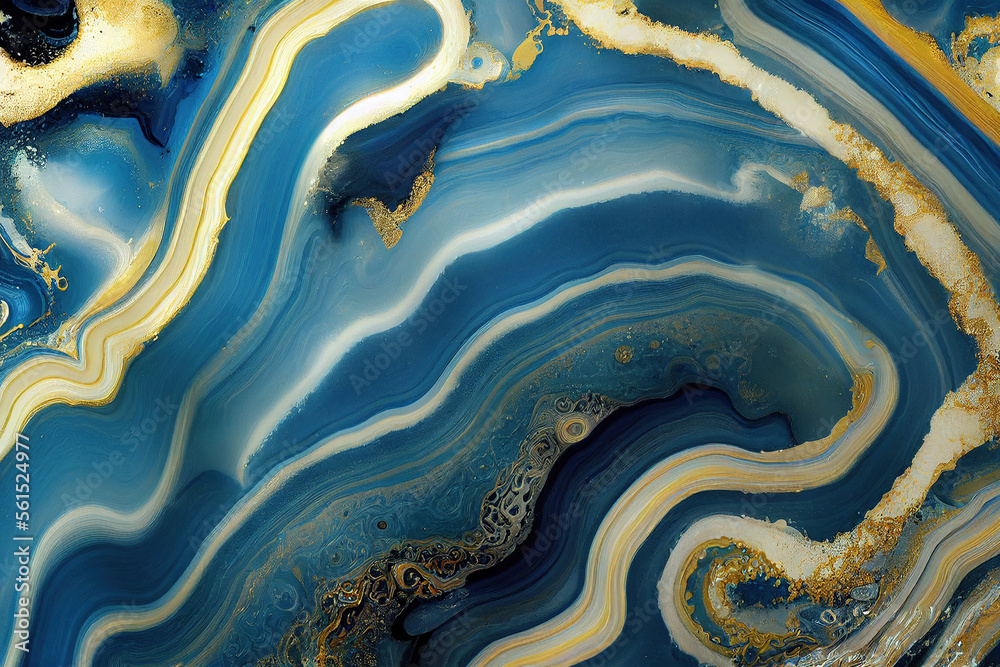 Abstract art background with a fluid marble blue and gold texture. Splendid luxury abstract artwork 