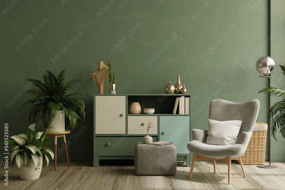 Interior mockup green wall with gray armchair and decor in living room.