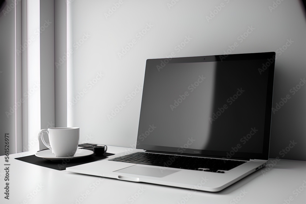 Mockup of a laptop computer with a white blank screen and a cup of coffee against a background of a 