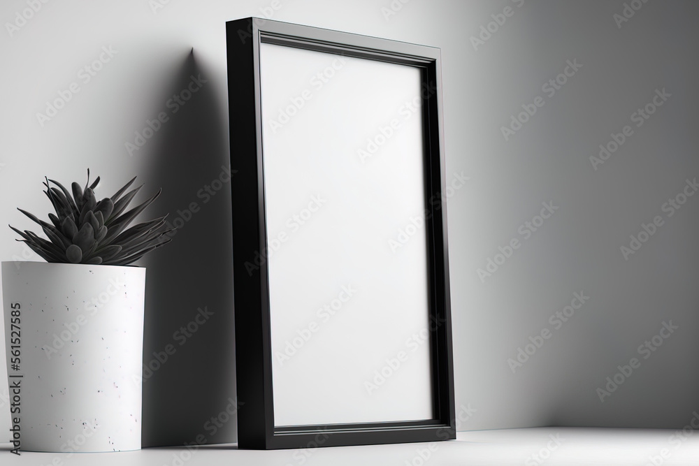 picture frame in black with a white background. Mockup that uses copyspace. Generative AI