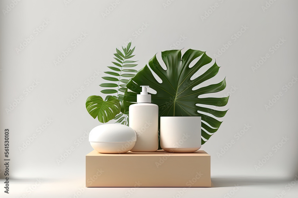 Abstact Natural background, wood podium on the white floor with home plant in the pot for product di