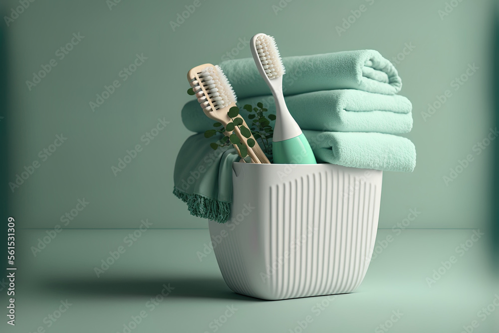 mockup of a toothbrush and soft towels in a basket with copy space for a product display. Generative