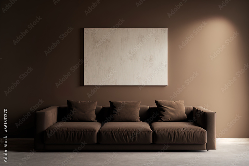 A contemporary room interior background with a sophisticated brown sofa and a beige wall is seen. Ge