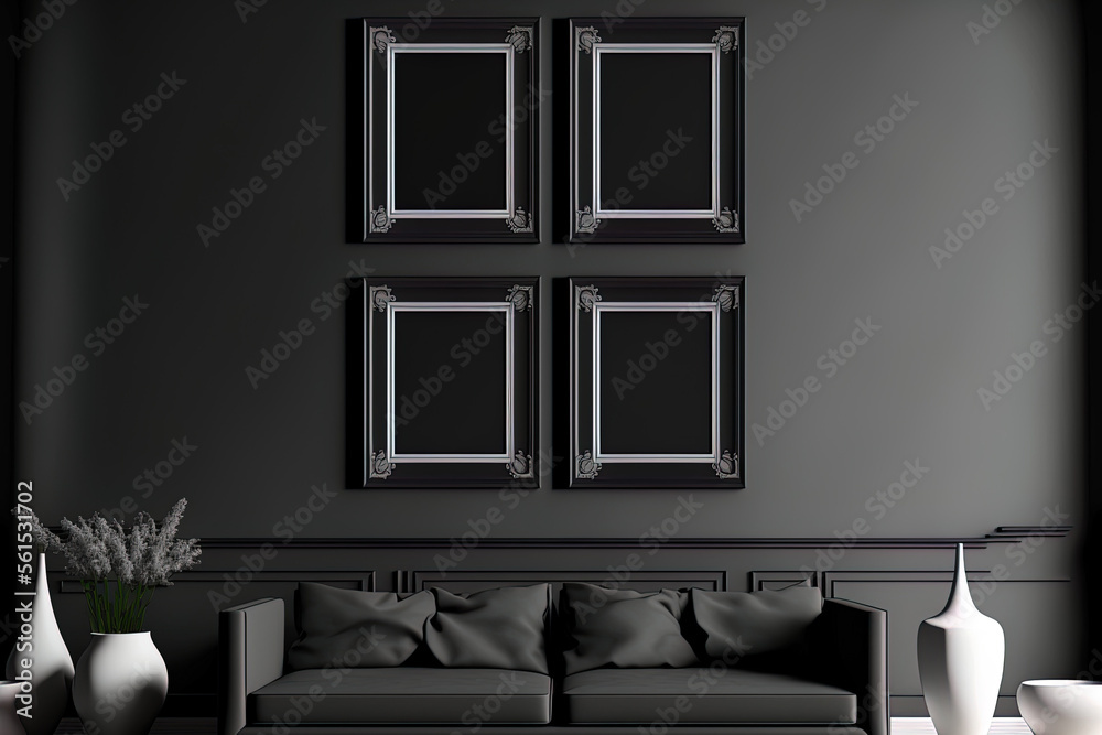 4 frames on the wall, a single color monochrome mockup scene of an interior room in shiny silver and