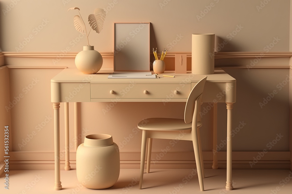 A pastel cream and beige desk and table for an office. For a desk and workspace, keep it simple. moc