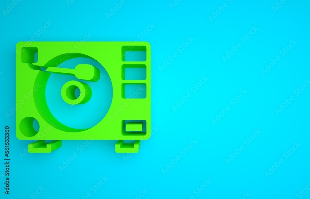 Green Vinyl player with a vinyl disk icon isolated on blue background. Minimalism concept. 3D render