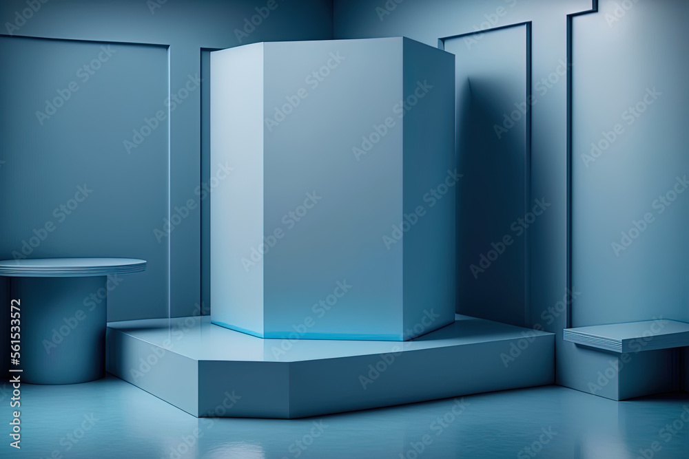 Interior corner wall room blue 3d background of abstract window light stage scene or empty product s