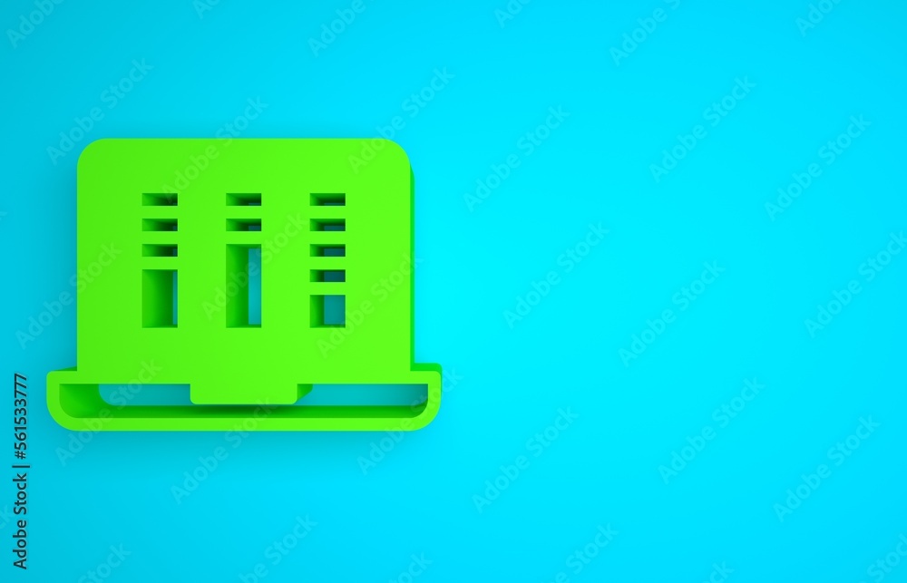 Green Sound or audio recorder or editor software on laptop icon isolated on blue background. Minimal