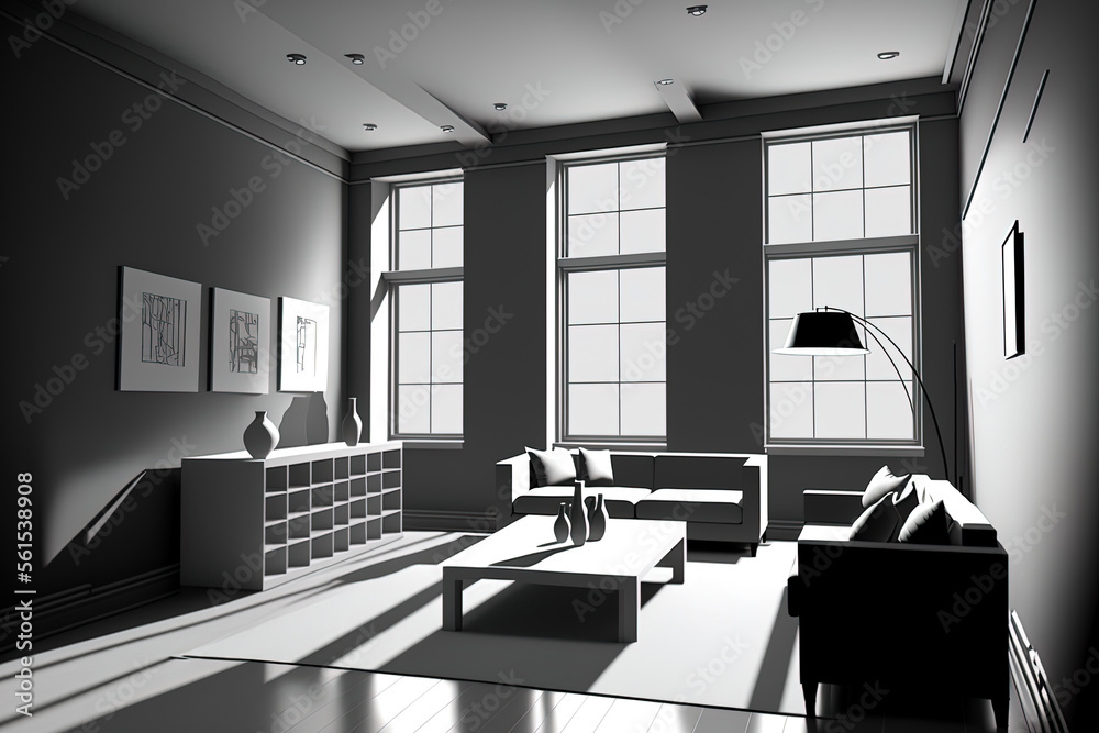 living room layout interior design of an empty space. Generative AI