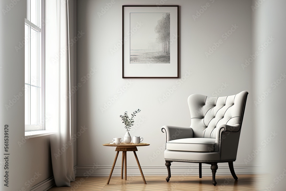 Empty white wall with armchair and coffee table on wooden floor. interior living room. Generative AI