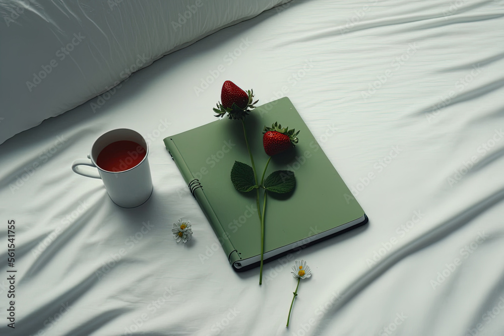 A strawberry, a sprig of flowers, and a green notebook. the bed is white. Coziness. Minimalism. Gene