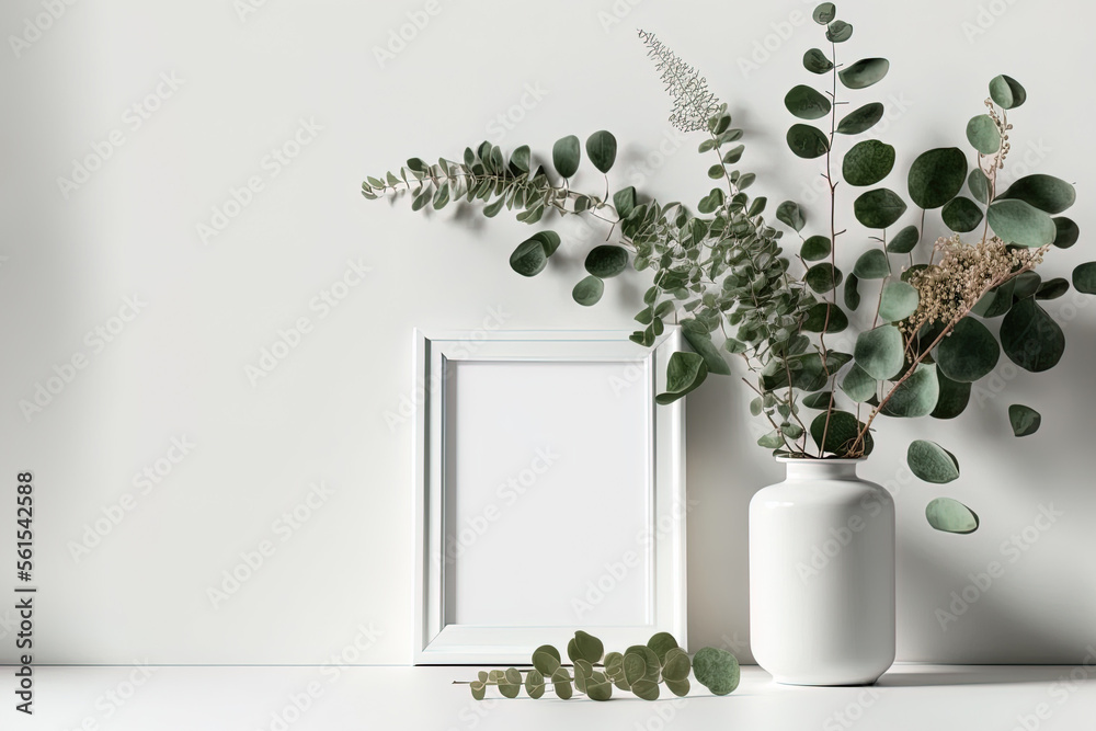 Blank picture frame mockup in scandinavian style over white wall with green eucalyptus in vase, mock