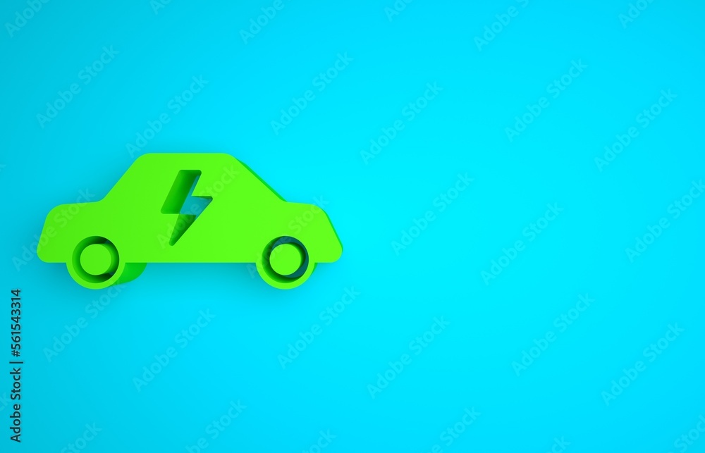 Green Electric car and electrical cable plug charging icon isolated on blue background. Renewable ec