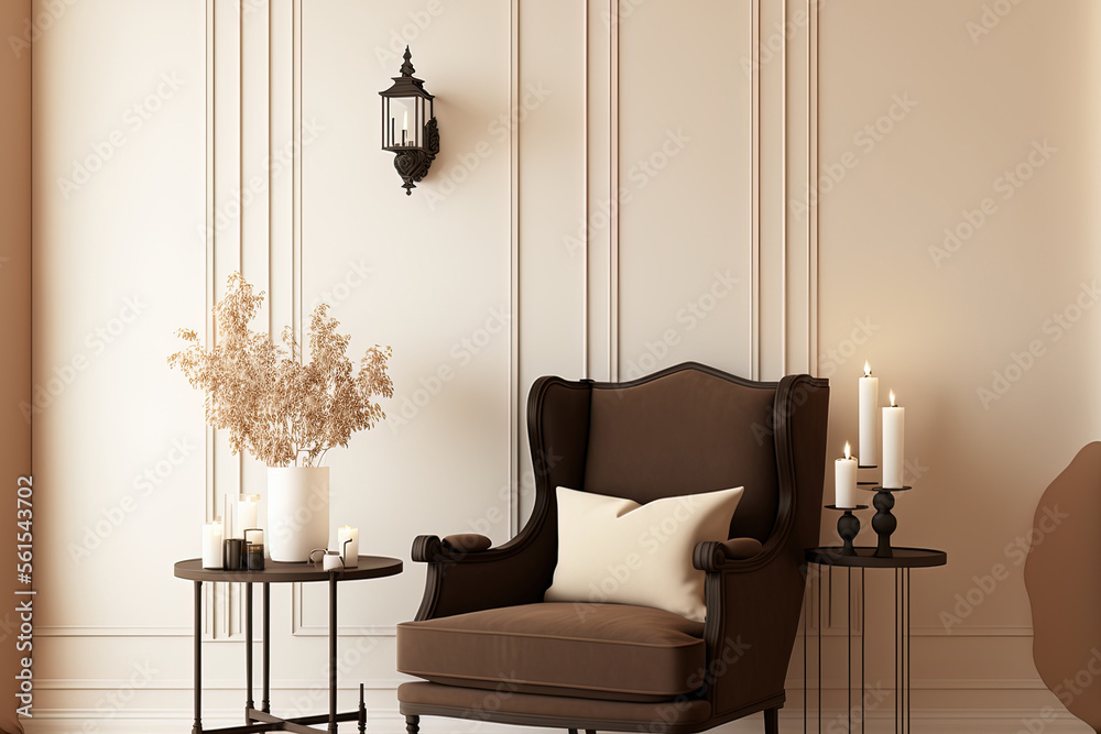 Brown armchair and beige walls light room design project. Pastel milky ivory tones are a trend 2023.