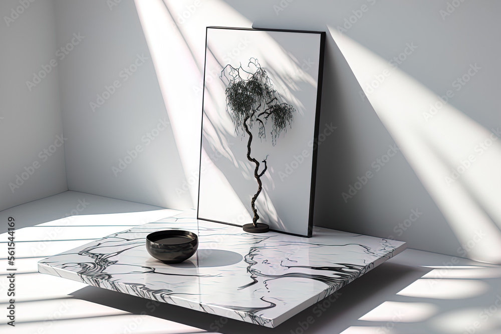 For a mockup product display, a marble table top with a tree shadow drop is displayed against a whit