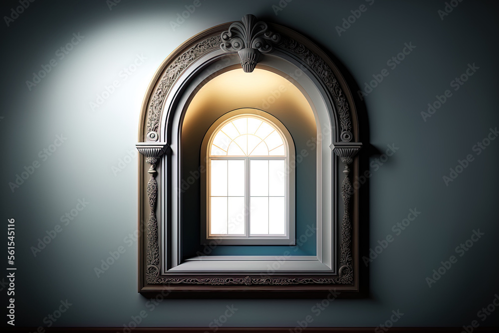 Mock picture frame with ornamental wall arch and window light. Generative AI